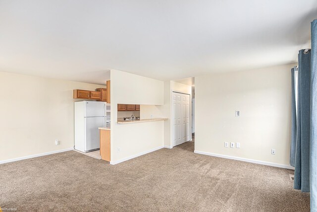 unfurnished living room featuring baseboards and light carpet