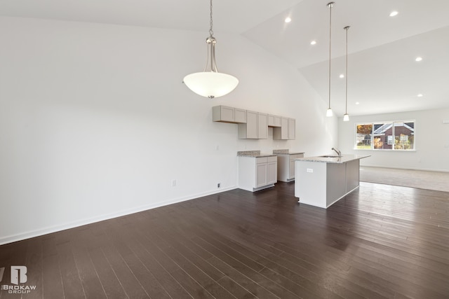 unfurnished living room with high vaulted ceiling, sink, and dark hardwood / wood-style flooring