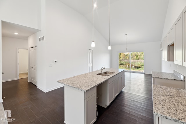 kitchen with high vaulted ceiling, dark hardwood / wood-style flooring, hanging light fixtures, sink, and a kitchen island with sink