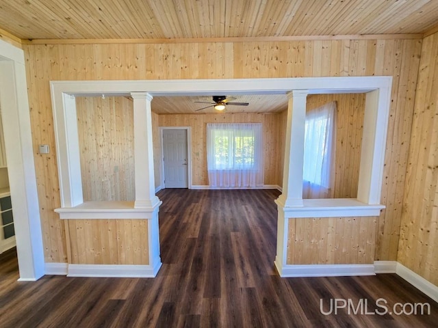 hall with wooden ceiling, wooden walls, and dark wood-type flooring