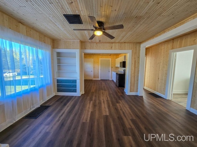 interior space featuring wood ceiling, wooden walls, dark hardwood / wood-style floors, and ceiling fan