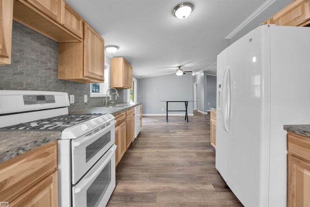 kitchen featuring light brown cabinets, sink, white appliances, backsplash, and dark hardwood / wood-style floors