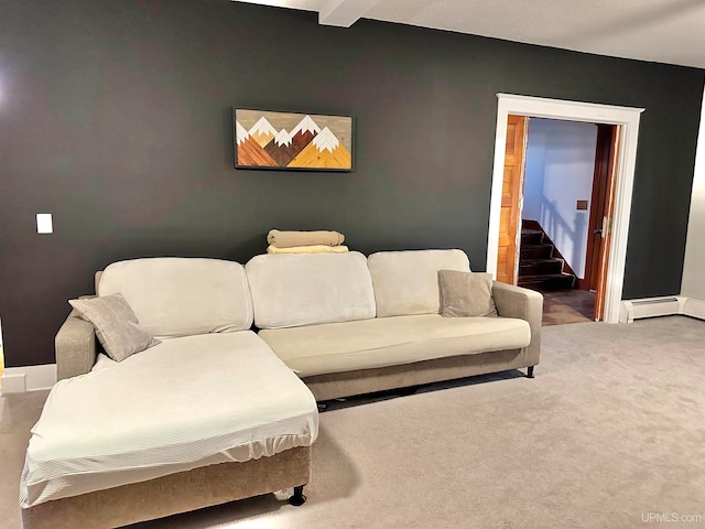 living room featuring a baseboard radiator and carpet