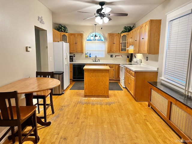 kitchen featuring light hardwood / wood-style floors, sink, a kitchen island, white appliances, and radiator heating unit