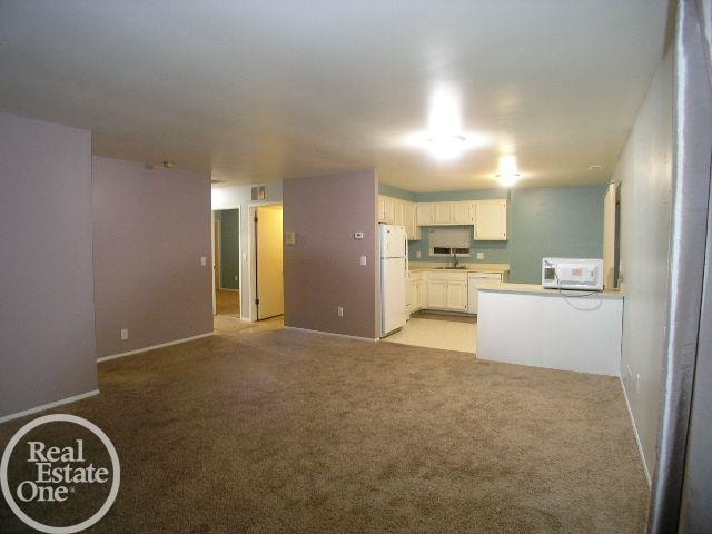 unfurnished living room with sink and light colored carpet