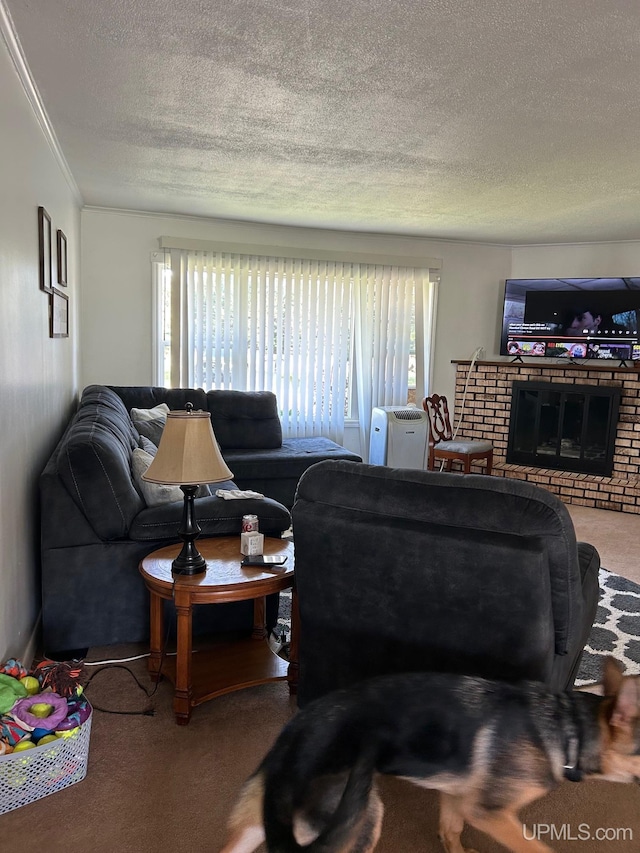 carpeted living room featuring ornamental molding, a brick fireplace, a textured ceiling, and a healthy amount of sunlight