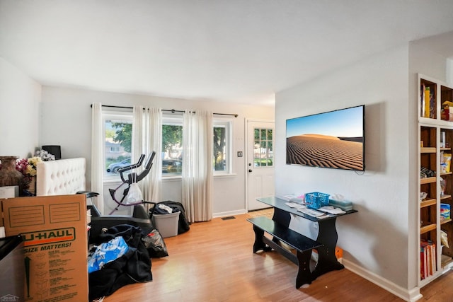 workout area featuring light hardwood / wood-style floors