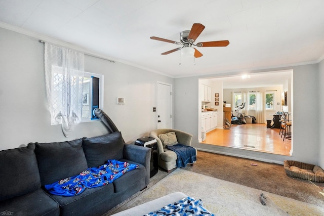 living room featuring light carpet, ceiling fan, and ornamental molding