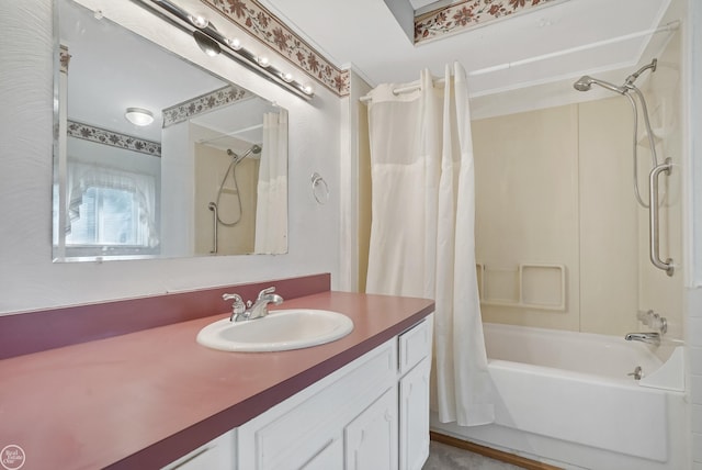 bathroom with shower / bathtub combination with curtain and vanity