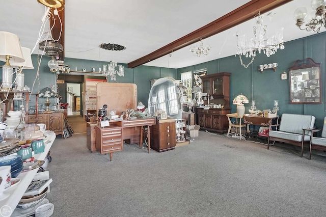 interior space with beam ceiling and carpet