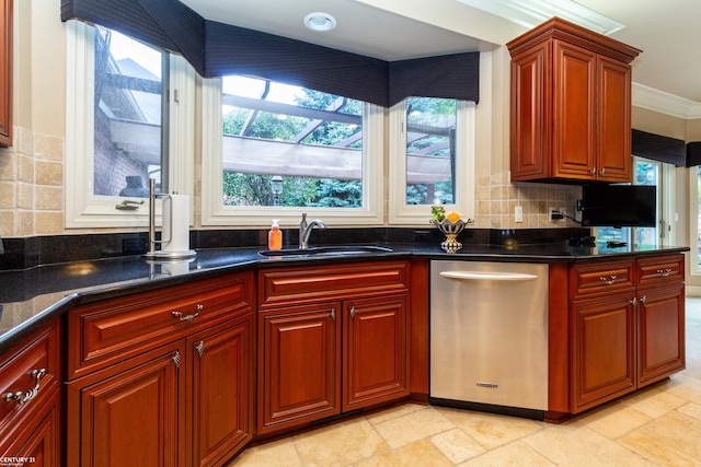 kitchen with crown molding, stainless steel dishwasher, backsplash, and sink