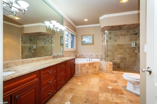 full bathroom featuring independent shower and bath, vanity, crown molding, and toilet