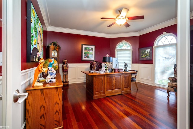 home office featuring ceiling fan, crown molding, and dark hardwood / wood-style flooring