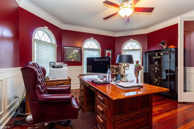 home office with ornamental molding, dark hardwood / wood-style flooring, and a healthy amount of sunlight