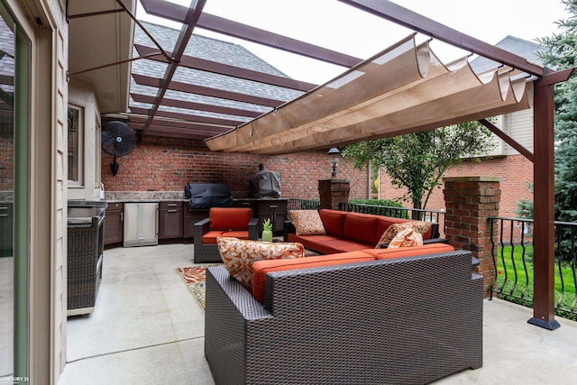 view of patio / terrace featuring a pergola, an outdoor living space, and a grill