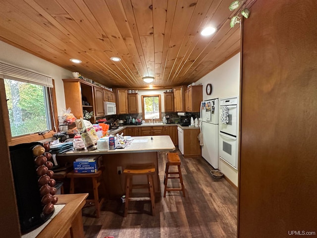 kitchen with white appliances, a healthy amount of sunlight, wood ceiling, and dark wood-type flooring