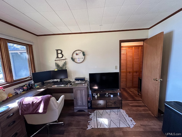 home office featuring ornamental molding and dark wood-type flooring