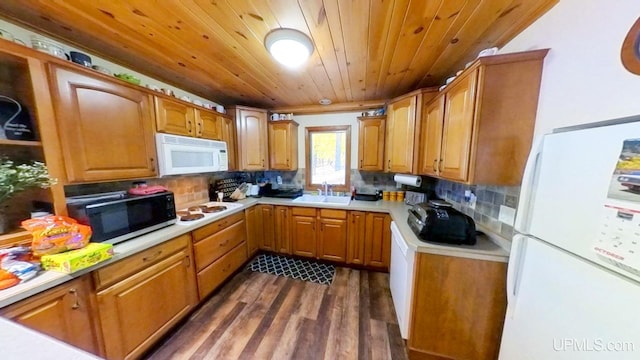 kitchen with sink, white appliances, tasteful backsplash, dark wood-type flooring, and wooden ceiling