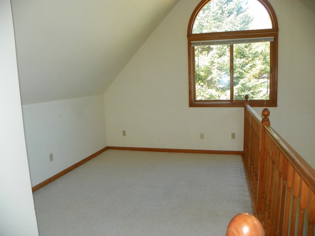 additional living space with light colored carpet and vaulted ceiling