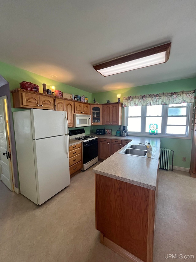 kitchen with light carpet, sink, and white appliances