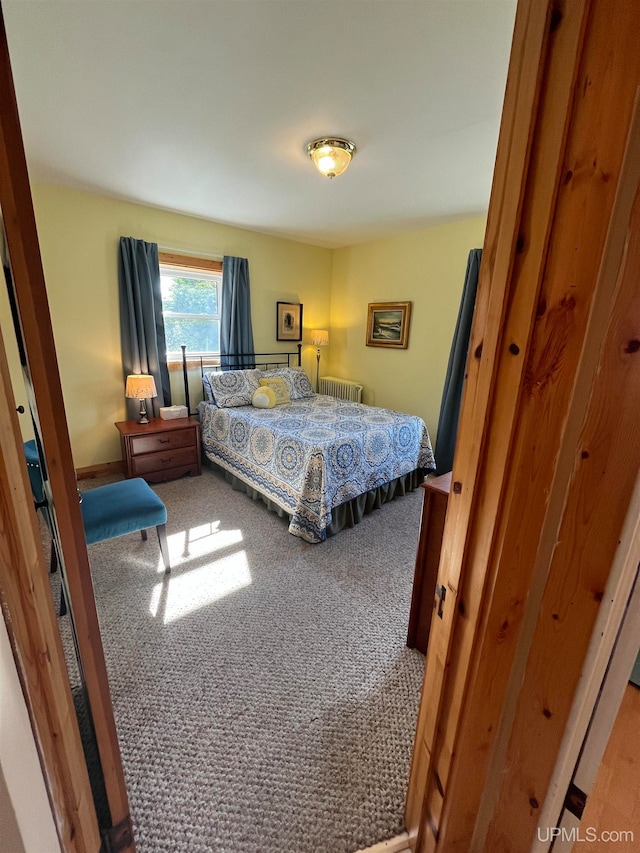 bedroom with radiator and carpet flooring