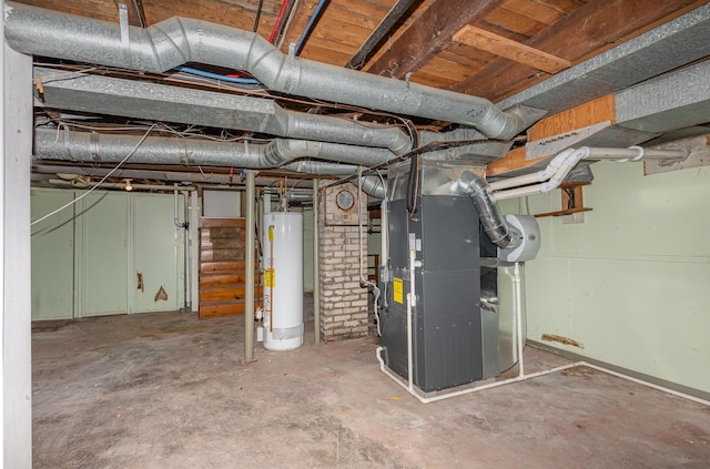 basement with water heater and heating unit