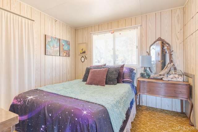 bedroom with wooden walls