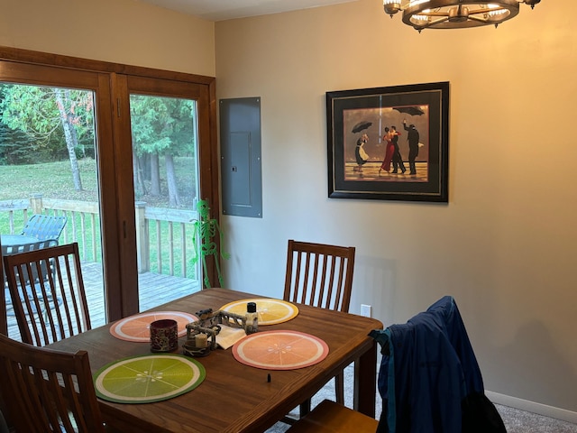 dining room with an inviting chandelier, electric panel, and a wealth of natural light