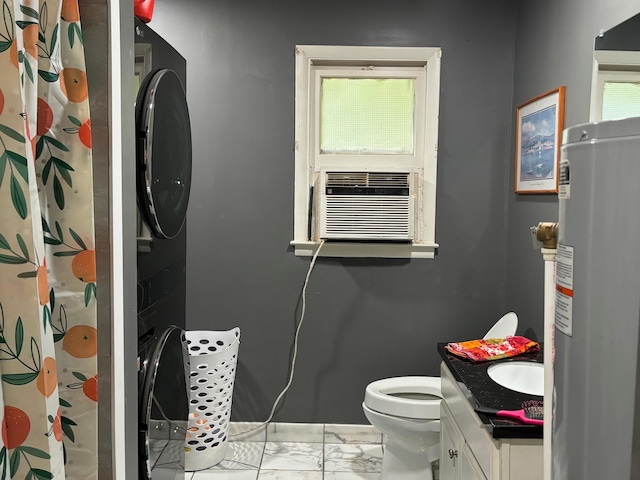 bathroom with cooling unit, toilet, water heater, vanity, and a shower with curtain