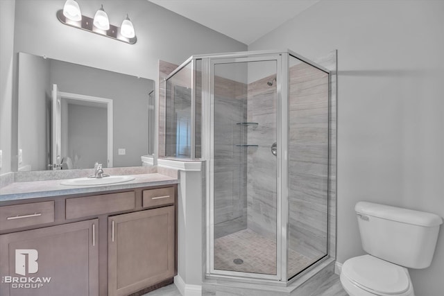 bathroom featuring vanity, toilet, and an enclosed shower