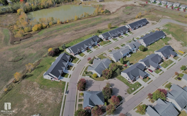 birds eye view of property featuring a water view and a residential view