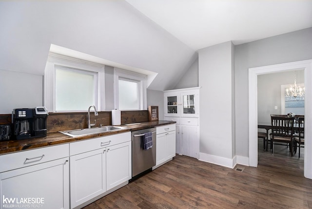 kitchen featuring vaulted ceiling, sink, dishwasher, dark hardwood / wood-style floors, and white cabinetry