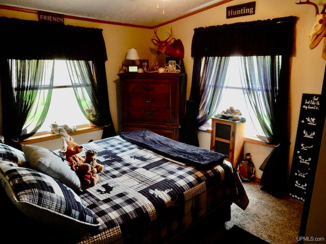 bedroom featuring multiple windows, carpet, and a textured ceiling