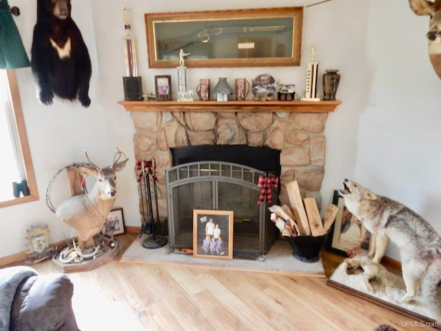 living room with wood-type flooring and a fireplace