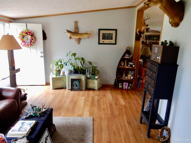 living room with ornamental molding, a textured ceiling, and hardwood / wood-style floors