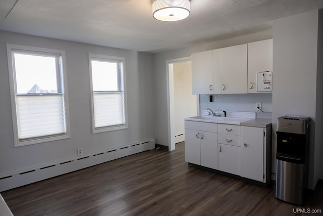 kitchen featuring white cabinets, baseboard heating, and dark hardwood / wood-style flooring