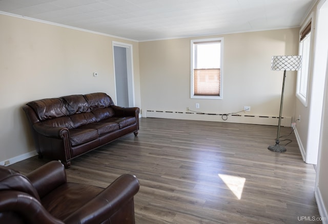 living room with wood-type flooring, crown molding, and a baseboard heating unit