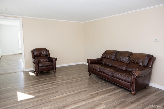 living room with wood-type flooring, ornamental molding, and a baseboard heating unit