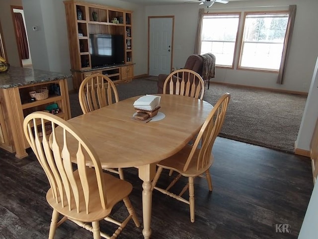 dining space with ceiling fan and dark wood-type flooring