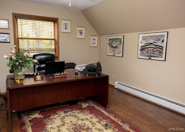 home office featuring a baseboard radiator, lofted ceiling, and dark hardwood / wood-style flooring