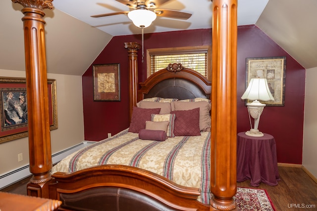 bedroom with vaulted ceiling, a baseboard heating unit, ceiling fan, and hardwood / wood-style flooring