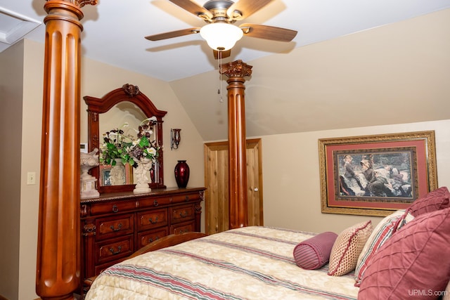 bedroom with ceiling fan and vaulted ceiling