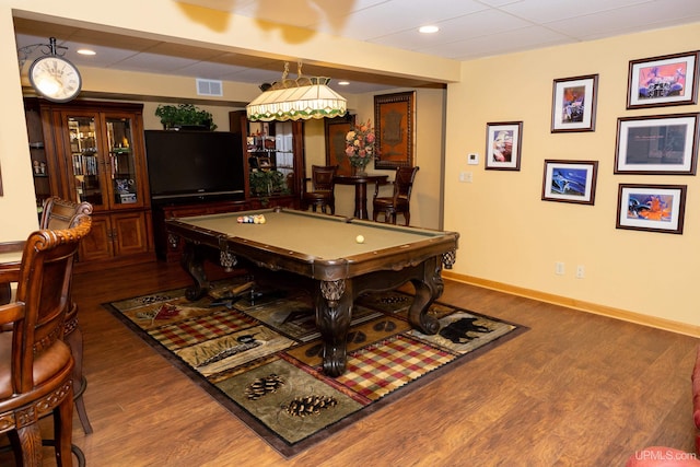 game room with dark wood-type flooring and billiards