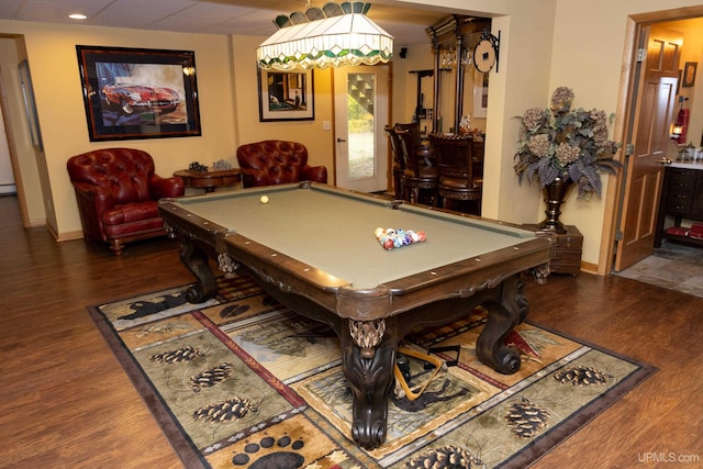 playroom featuring billiards and dark wood-type flooring