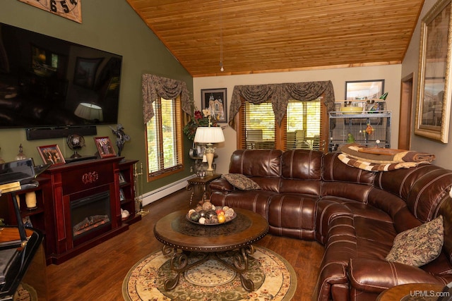 living room featuring wooden ceiling, vaulted ceiling, baseboard heating, and dark wood-type flooring