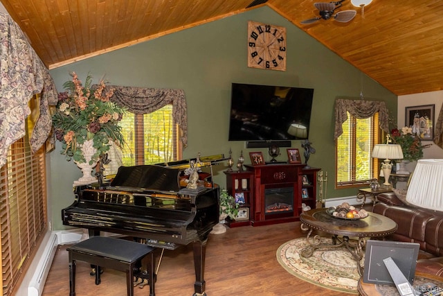 interior space featuring wood ceiling, lofted ceiling, ceiling fan, and hardwood / wood-style flooring