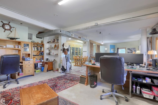 office featuring beam ceiling