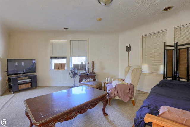 living room featuring light colored carpet and a textured ceiling