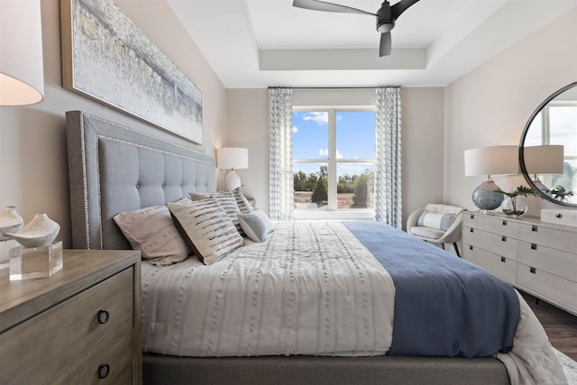 bedroom with ceiling fan, a tray ceiling, and dark hardwood / wood-style flooring