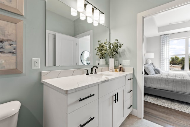 bathroom with vanity, hardwood / wood-style floors, and toilet